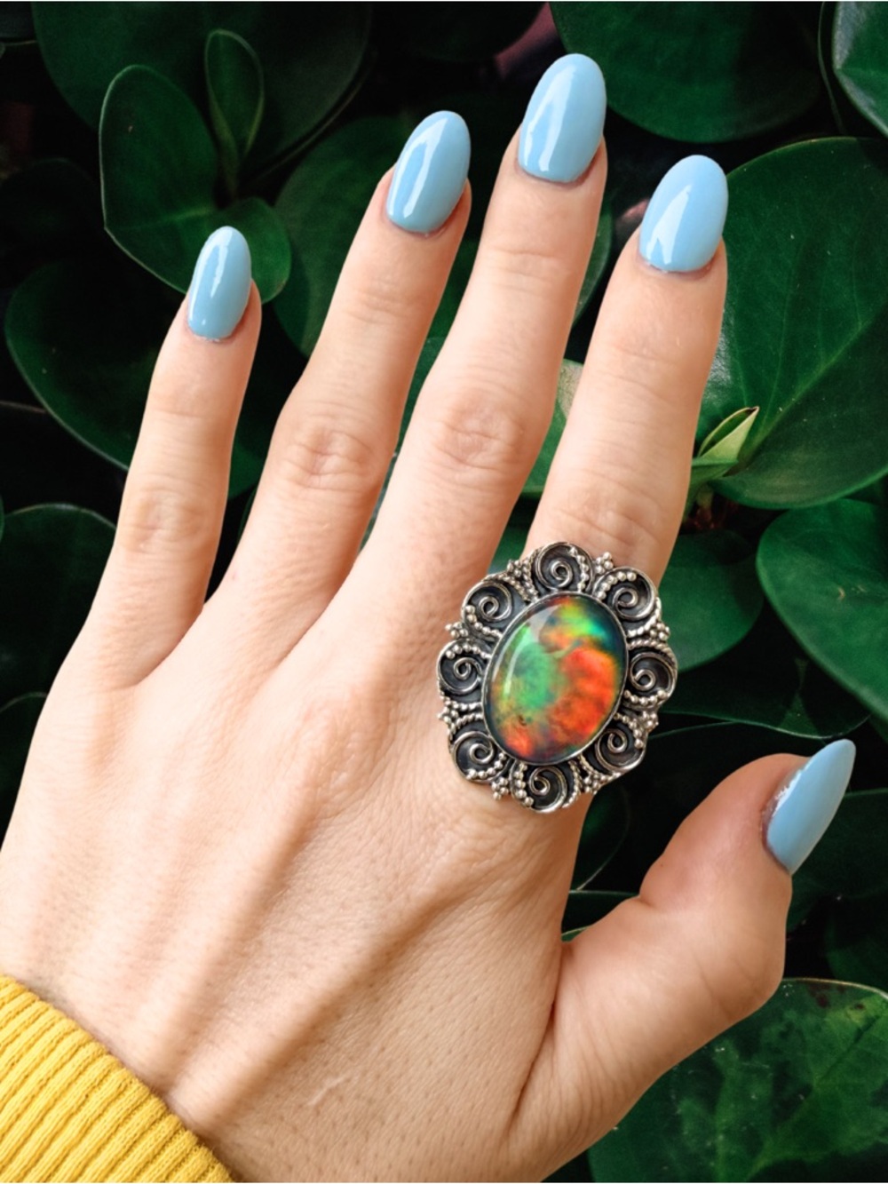 Large Fire Opal Adjustable Statement Ring | 925 Sterling Silver | Festival Boho